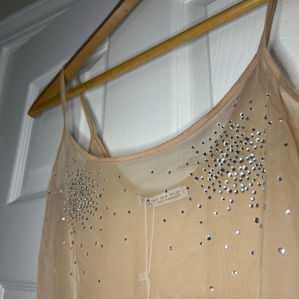Zara Beige Sheer Tank Top with Rhinestones
